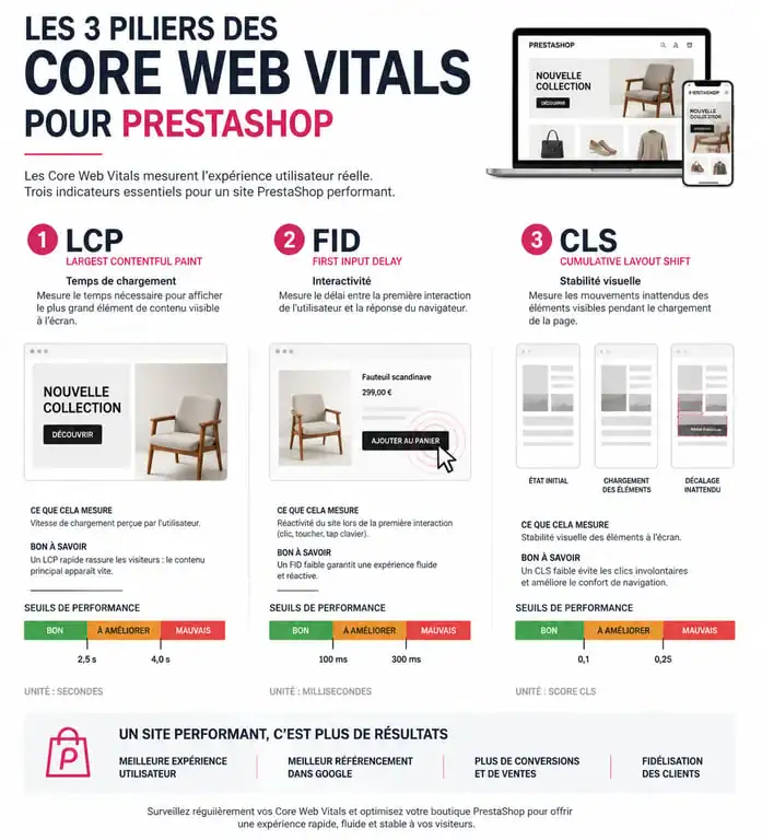 Infographie des Core Web Vitals pour l'optimisation SEO de PrestaShop