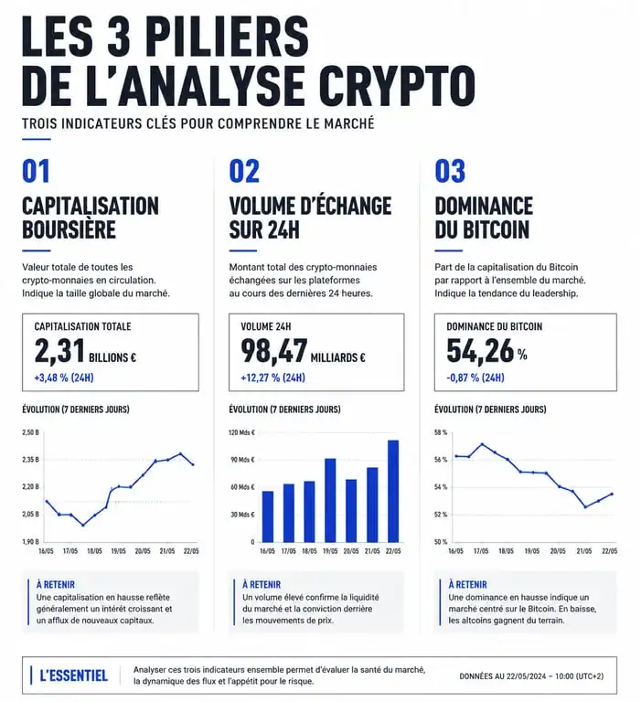 Infographie sur les indicateurs clés du cours des crypto : capitalisation, volume et dominance