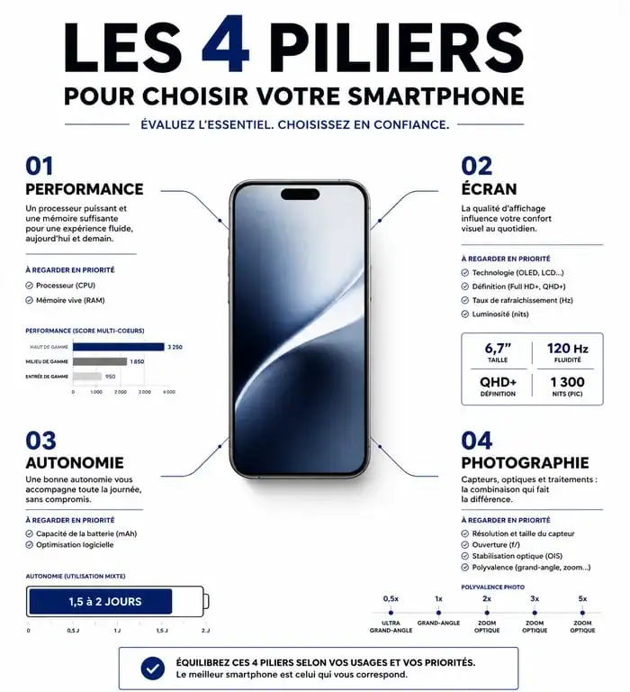 Infographie comparative des critères essentiels pour choisir son smartphone : performance, écran, batterie et photo.