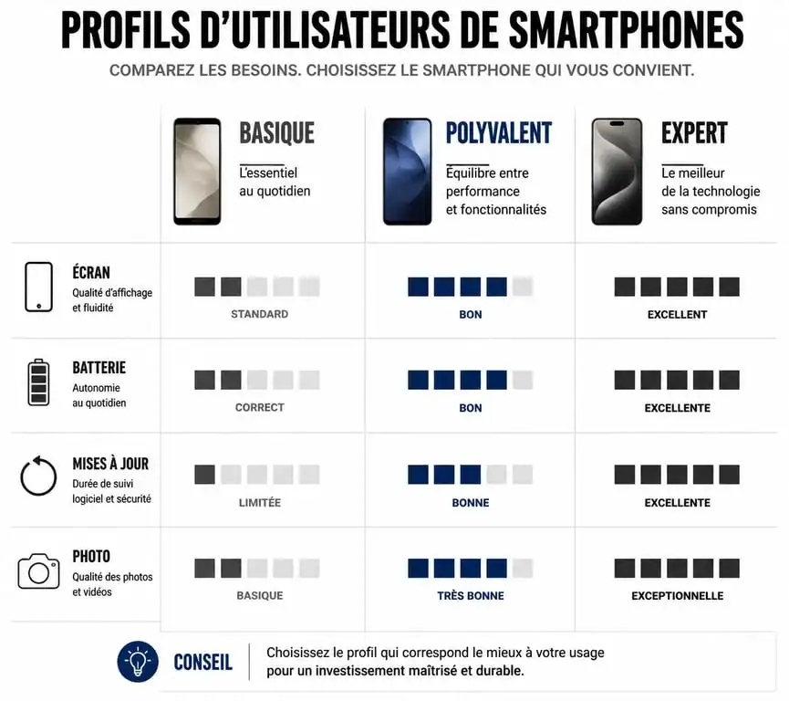 Infographie comparative des profils d'utilisateurs pour choisir son smartphone