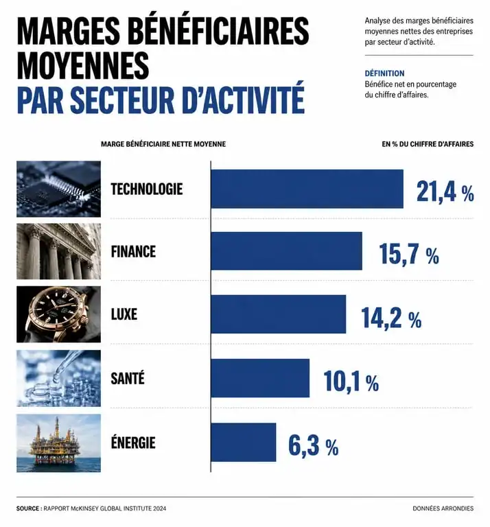 Infographie des marges bénéficiaires des business les plus rentables au monde par secteur d'activité