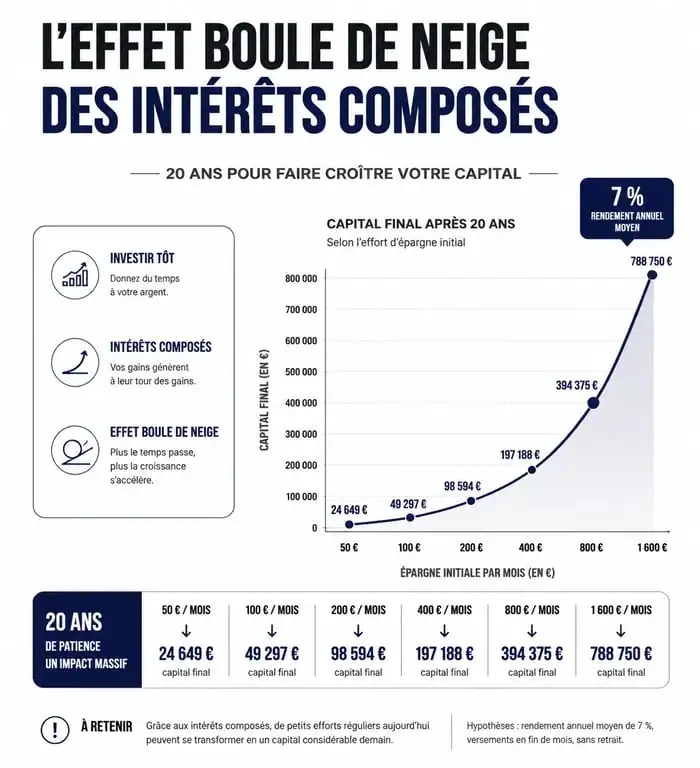 Infographie montrant l'effet des intérêts composés sur une simulation d'épargne à long terme