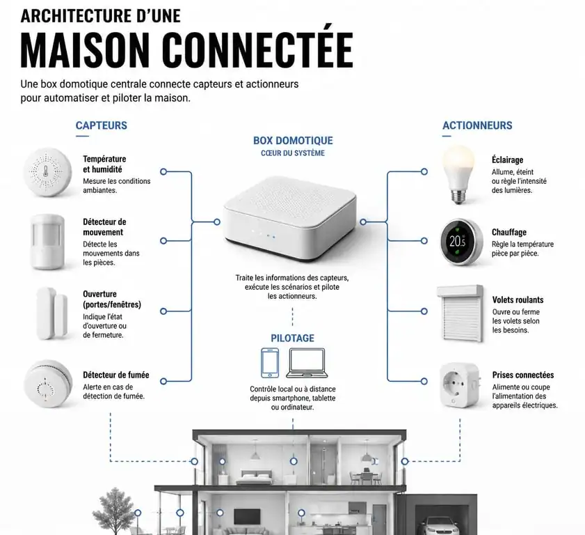 Schéma de fonctionnement d'une installation domotique avec box centrale, capteurs et actionneurs