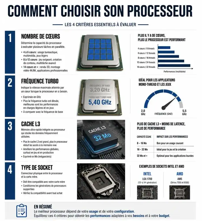 Infographie comparative des critères techniques pour choisir un processeur PC