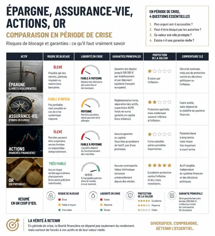 Infographie comparant les risques de blocage et garanties des placements financiers en cas de crise