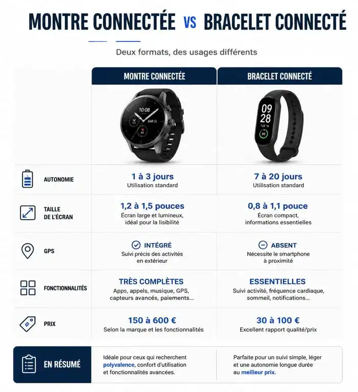 Infographie comparative entre montre connectée et bracelet connecté pour aider au choix