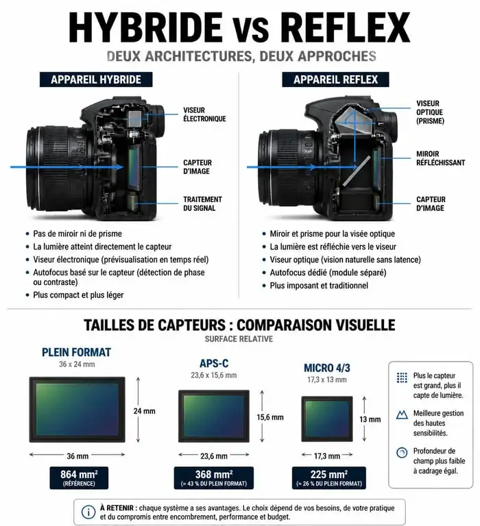 Comparatif technique des appareils photo : hybride vs reflex et tailles de capteurs