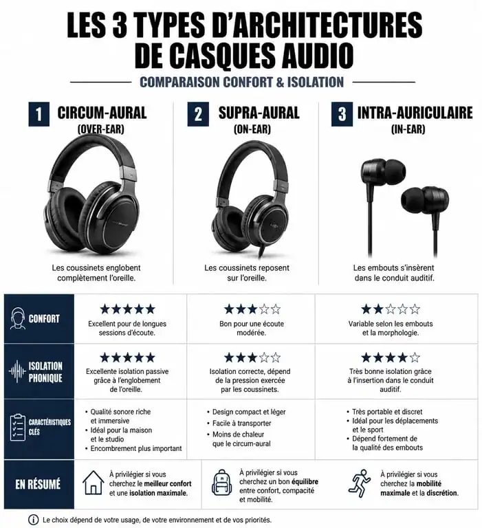 Comparatif des types de casques audio circum-aural, supra-aural et intra