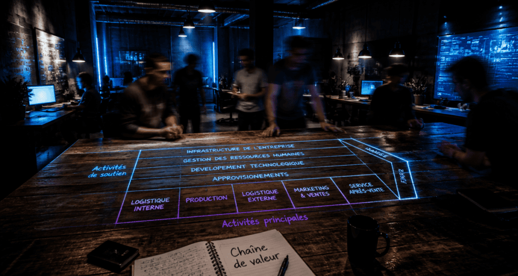 La chaine de valeur de Porter schéma sur table en open space