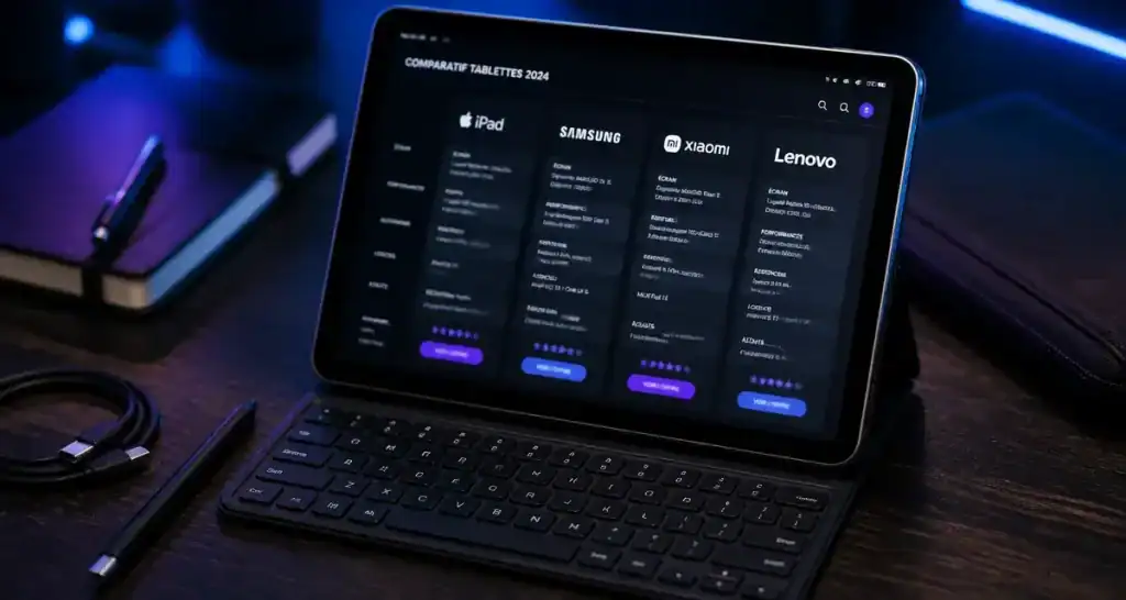 Comparatif tablette 10 pouces sur bureau, iPad, Samsung, Xiaomi, Lenovo