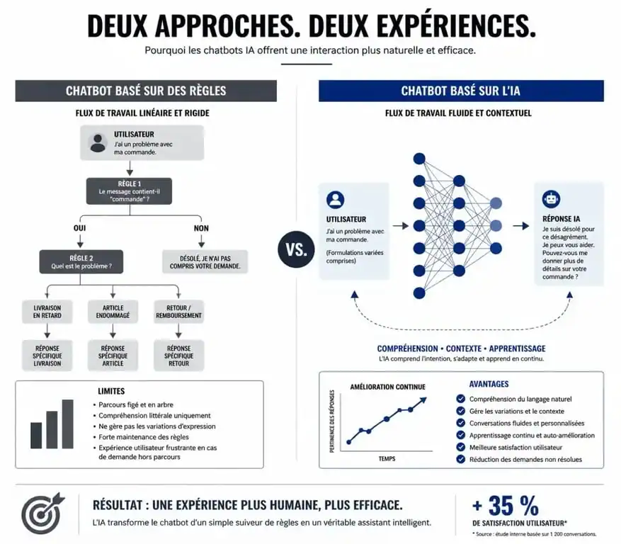 Infographie comparative entre un chatbot basé sur des règles et un chatbot basé sur l'intelligence artificielle pour choisir le meilleur logiciel chatbot.