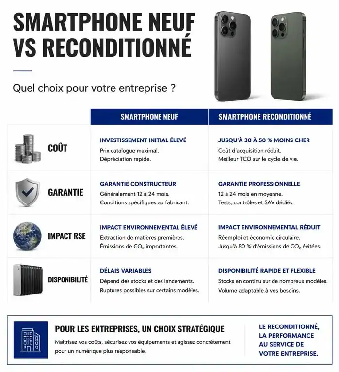 Comparatif smartphone professionnel neuf vs reconditionné pour entreprise