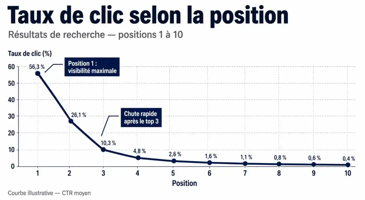 Graphique illustrant la chute du taux de clic (CTR) selon le positionnement SERP dans les résultats Google