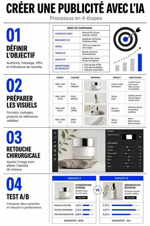 Infographie du processus de création d'une publicité avec un générateur de publicité IA gratuit