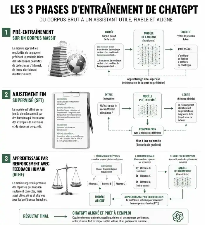 Schéma explicatif du fonctionnement et des phases d'entraînement de ChatGPT pour comprendre comment fonctionne chatgpt