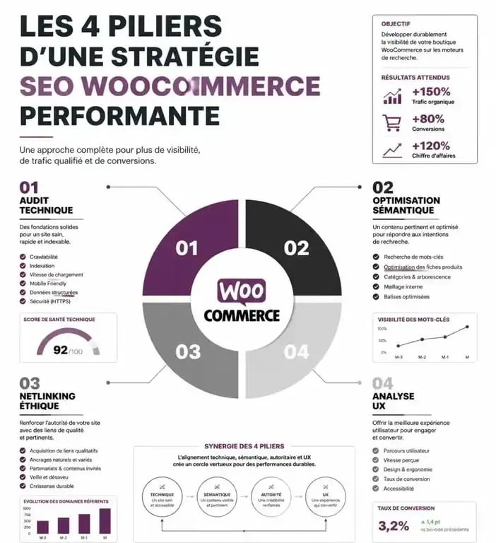 Infographie des piliers d'une stratégie SEO WooCommerce pour agence spécialisée