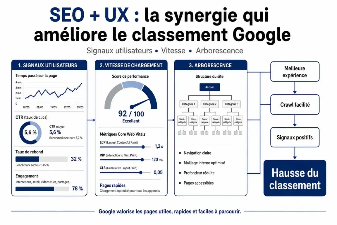 Infographie illustrant la synergie entre SEO et UX pour le SXO