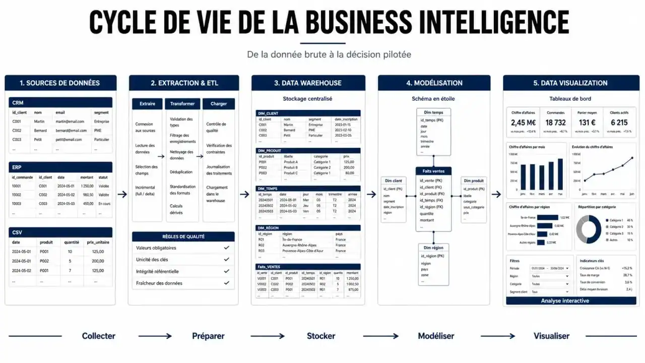 Schéma du cycle de vie de la Business Intelligence pour une formation BI