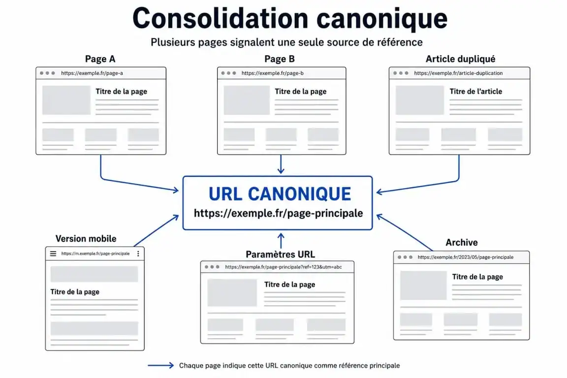 Schéma illustrant le fonctionnement de la balise canonical SEO pour consolider le contenu dupliqué