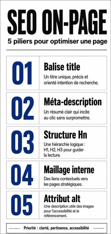 Infographie des piliers de l'optimisation SEO on-page pour un article de blog