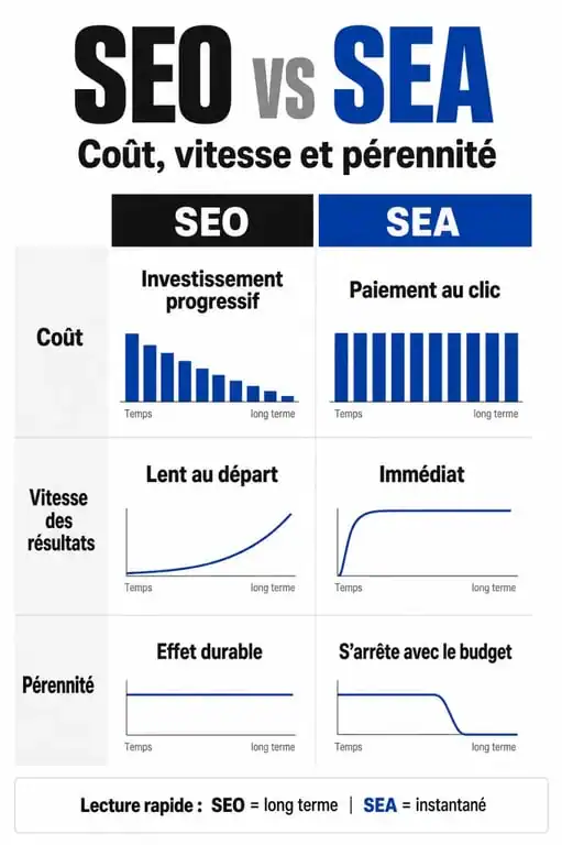 Infographie comparative entre le référencement naturel SEO et le référencement payant SEA pour comprendre le référencement web