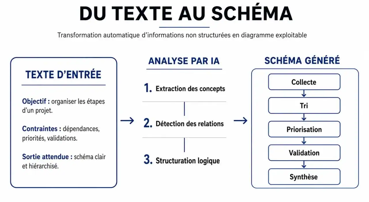 Schéma intelligence artificielle illustrant la transformation de texte en diagramme de flux