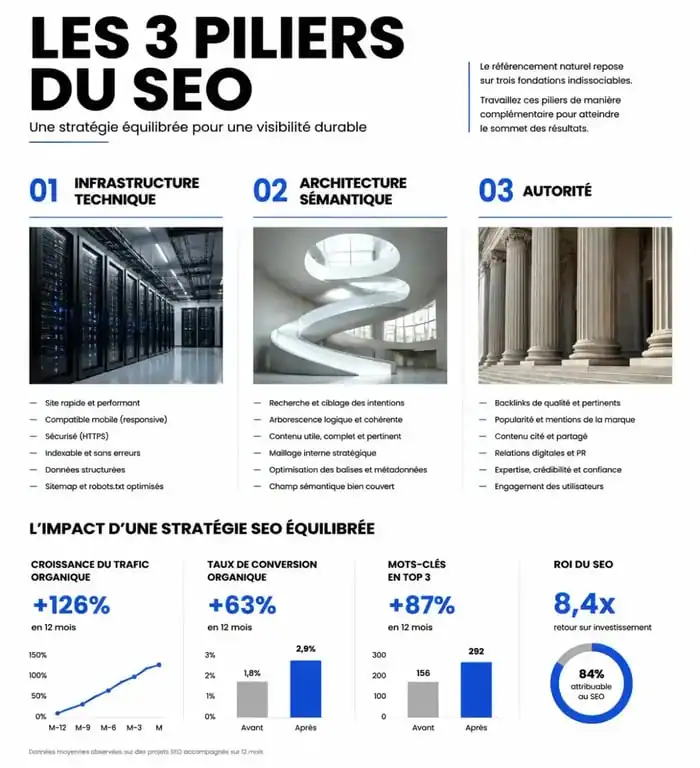 Infographie des trois piliers pour optimiser le SEO : technique, contenu et autorité