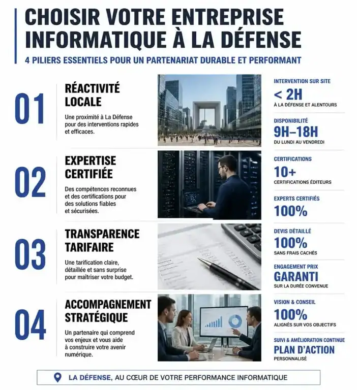 Infographie des critères de choix pour une entreprise informatique à La Défense