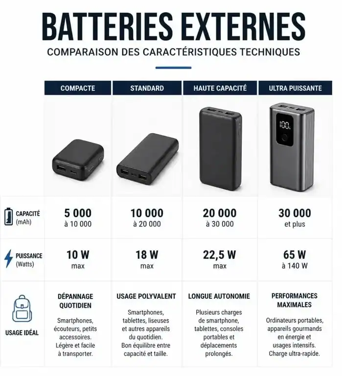 Infographie comparative des caractéristiques techniques pour choisir sa batterie externe