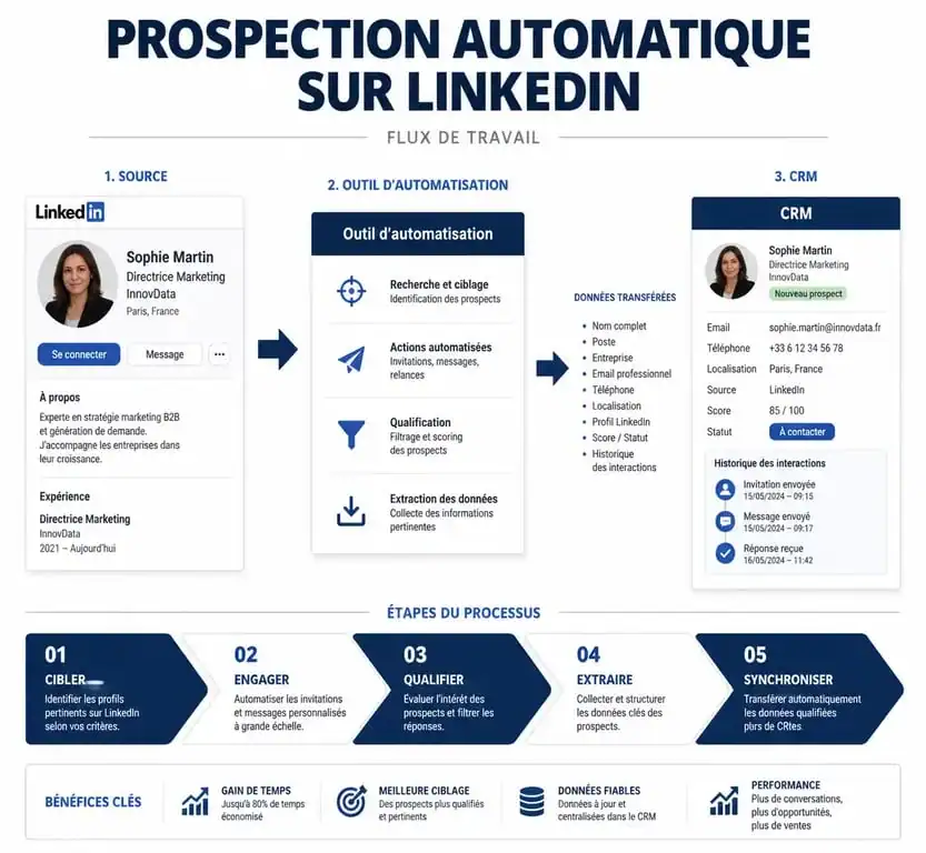 Schéma du flux de travail pour la prospection automatique LinkedIn et intégration CRM