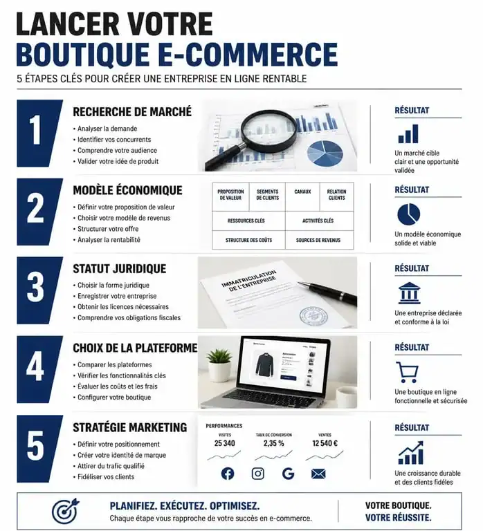 Infographie des étapes pour se lancer dans le e-commerce et réussir sa boutique en ligne