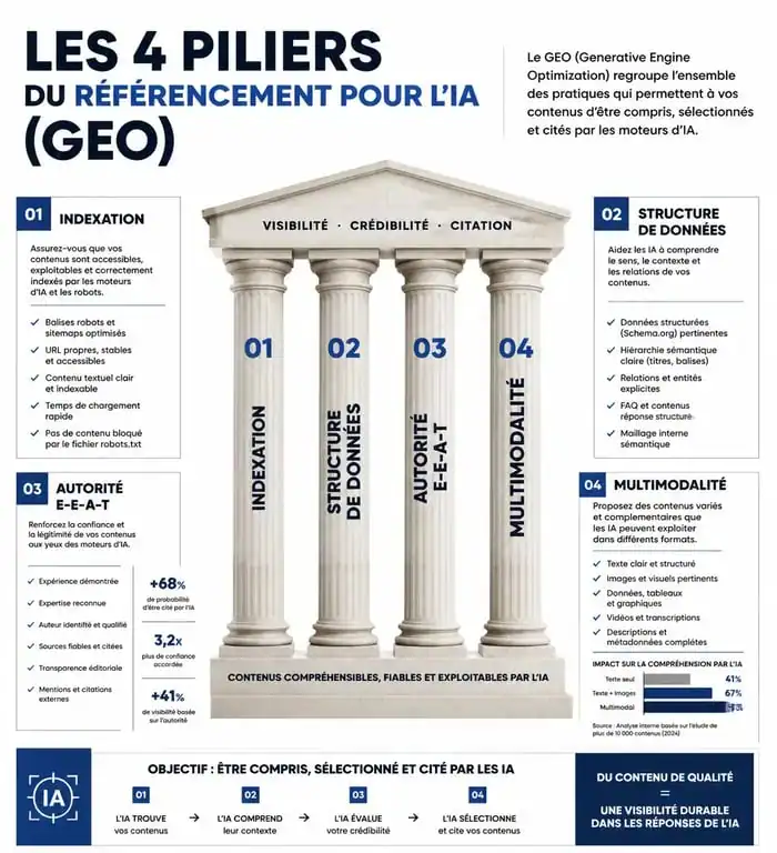 Schéma des piliers du référencement ChatGPT et du GEO pour l'optimisation des moteurs de recherche par IA