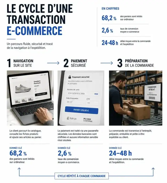 Schéma du fonctionnement d'une transaction e-commerce : du panier d'achat à la livraison