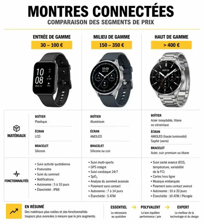 Comparatif des prix et fonctionnalités des montres connectées : entrée, milieu et haut de gamme