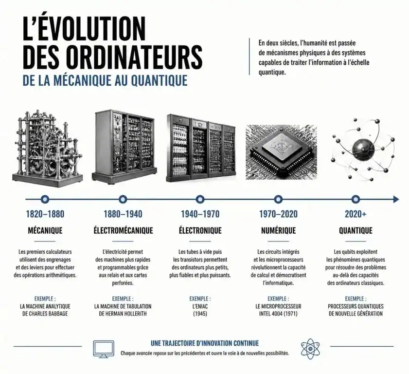 Frise chronologique de l'évolution de l'informatique, des machines mécaniques aux ordinateurs quantiques.