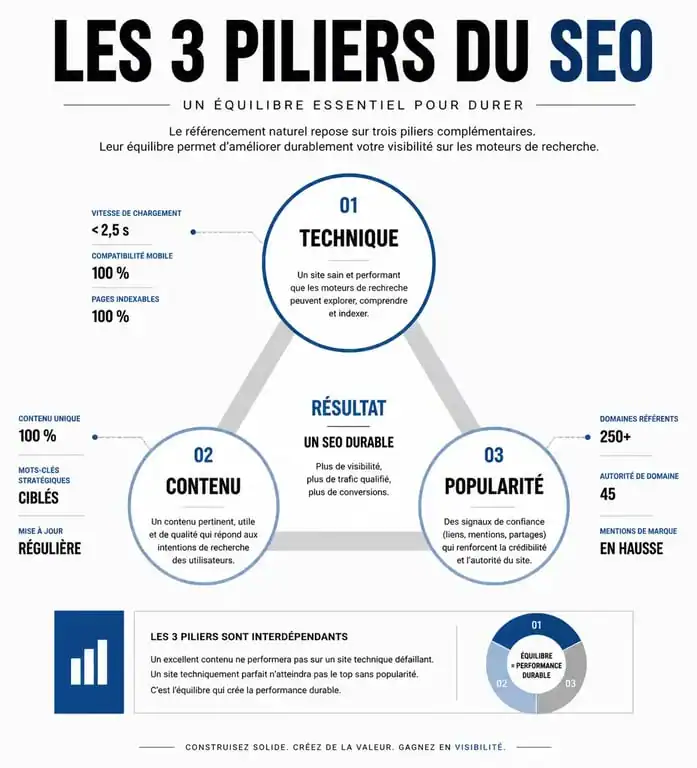 Infographie des trois piliers du SEO : technique, contenu et popularité pour apprendre le SEO