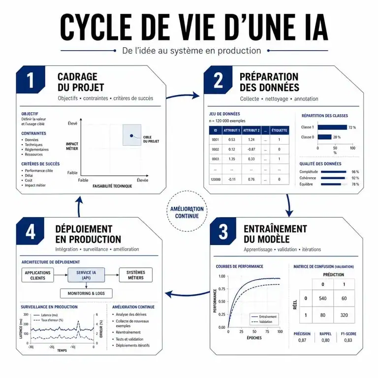 Schéma du cycle de vie pour créer une intelligence artificielle : du cadrage à la mise en production.