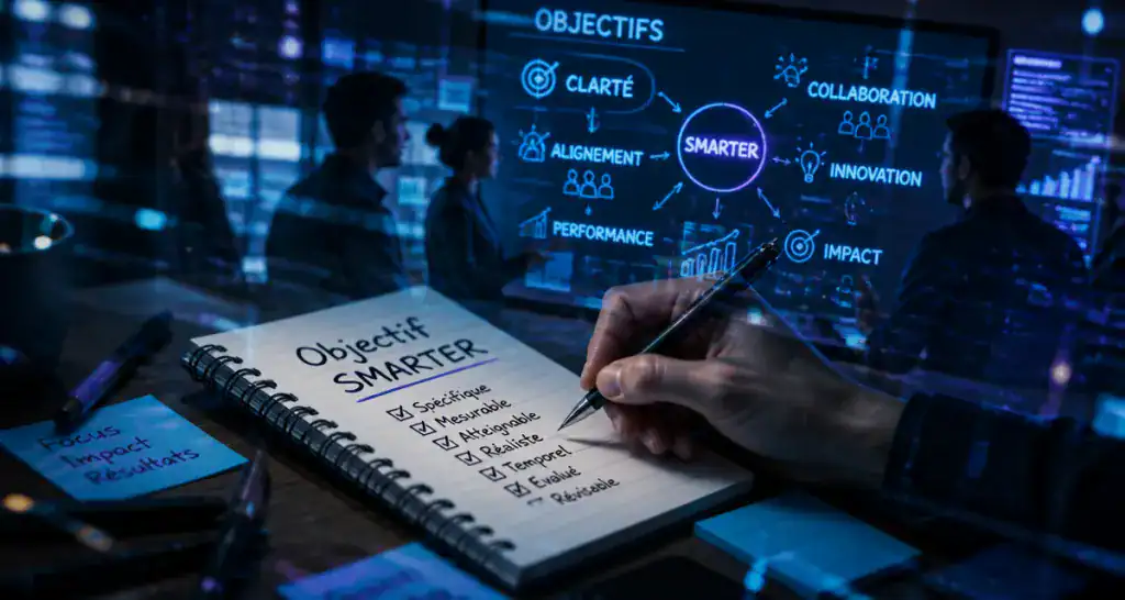 objectif SMARTER écrit sur carnet équipe en réunion