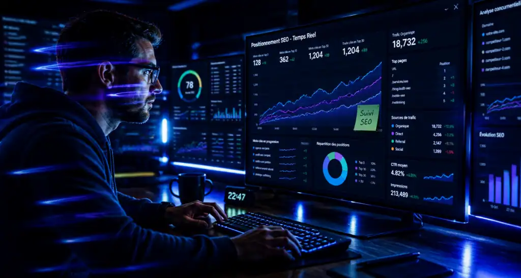 outil positionnement seo sur écrans en salle de contrôle