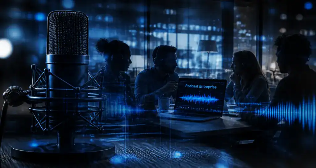 Podcast entreprise micro studio et équipe en réunion