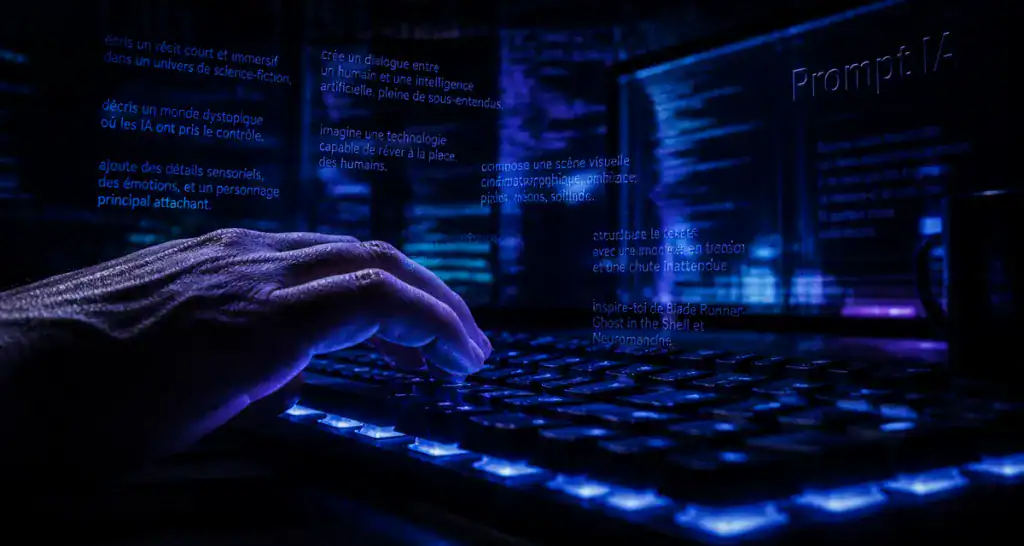 Prompt IA définition main sur clavier et texte lumineux