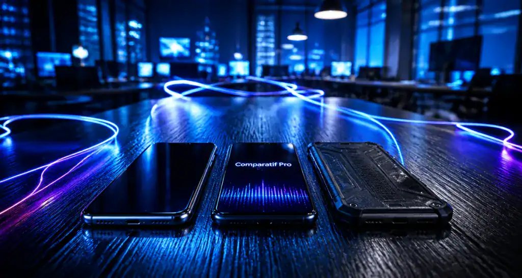 Trois smartphone professionnel sur bureau en bois