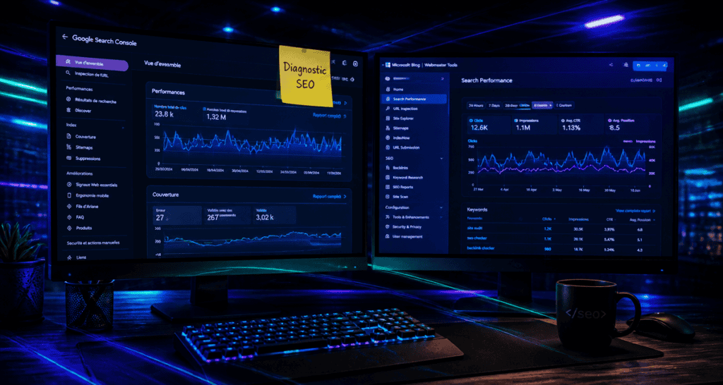 tool webmaster sur écran Google Search Console et Bing