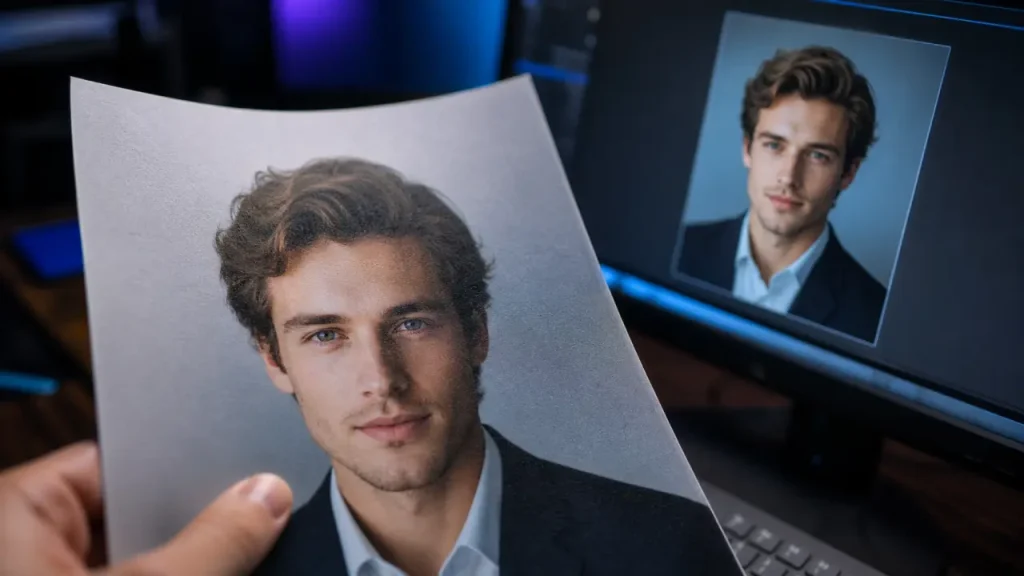 Bewerbungsfoto künstliche intelligenz : main avec CV et aperçu photo en ligne