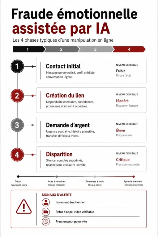 Infografía del ciclo de las estafas emocionales con inteligencia artificial