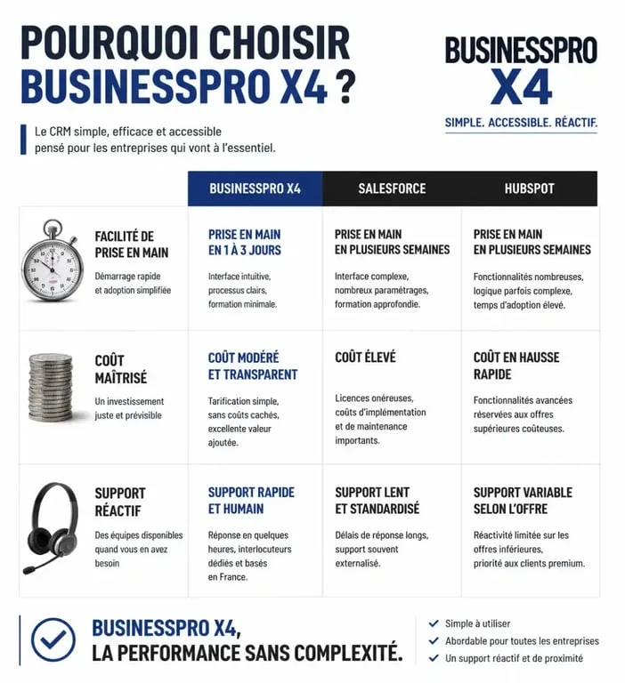 Comparatif des avantages du logiciel CRM BusinessPro X4 par rapport aux alternatives du marché pour les TPE et PME.