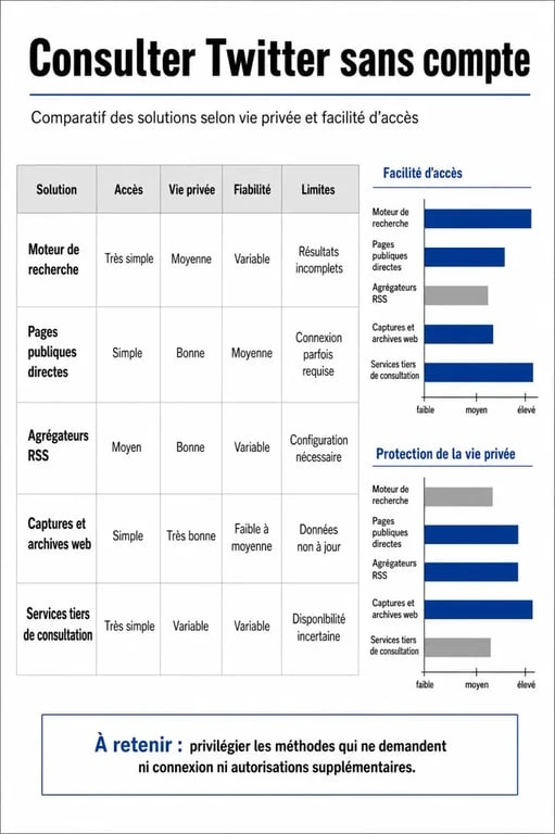 Comparatif des solutions pour consulter Twitter sans compte : Nitter, Twiiit et alternatives pour la vie privée.