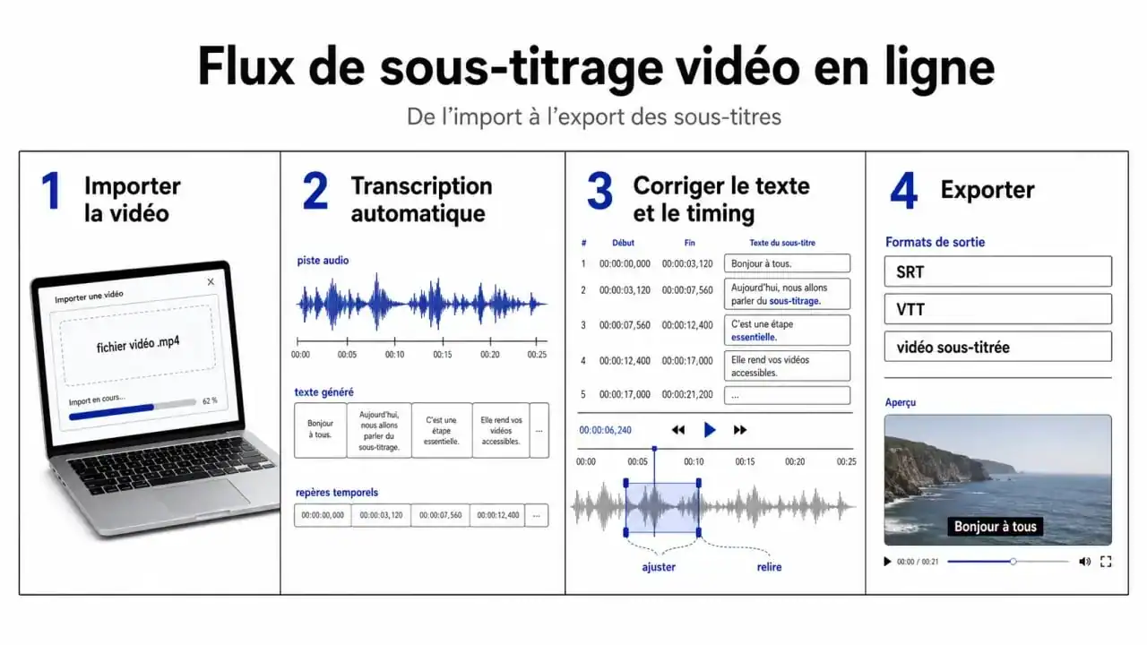 Sous titrer une vidéo en 4 étapes sur ordinateur : import, transcription, correction et export