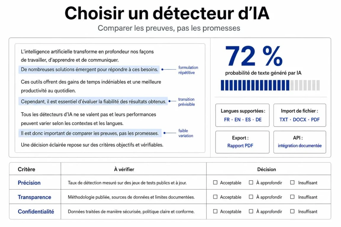 Infographie sur un rilevatore intelligenza artificiale avec score, phrases surlignées, langues supportées et export PDF