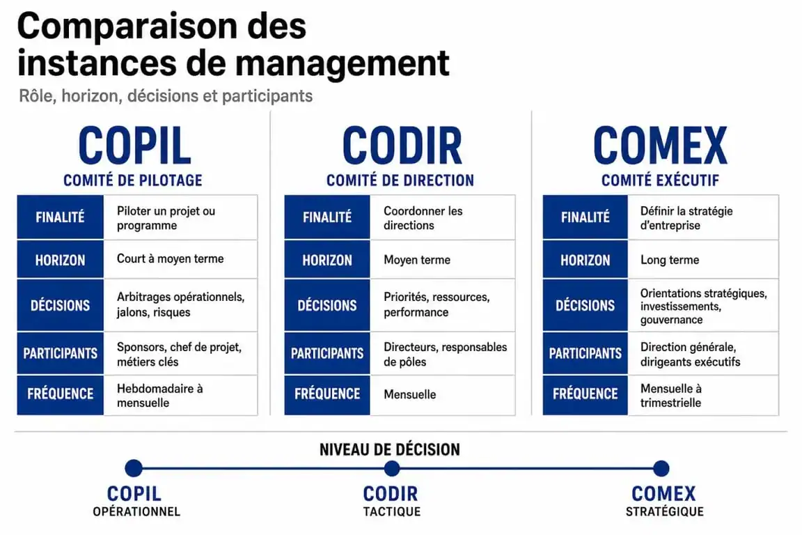 Comparaison entre COPIL, CODIR et COMEX pour la gouvernance de projet
